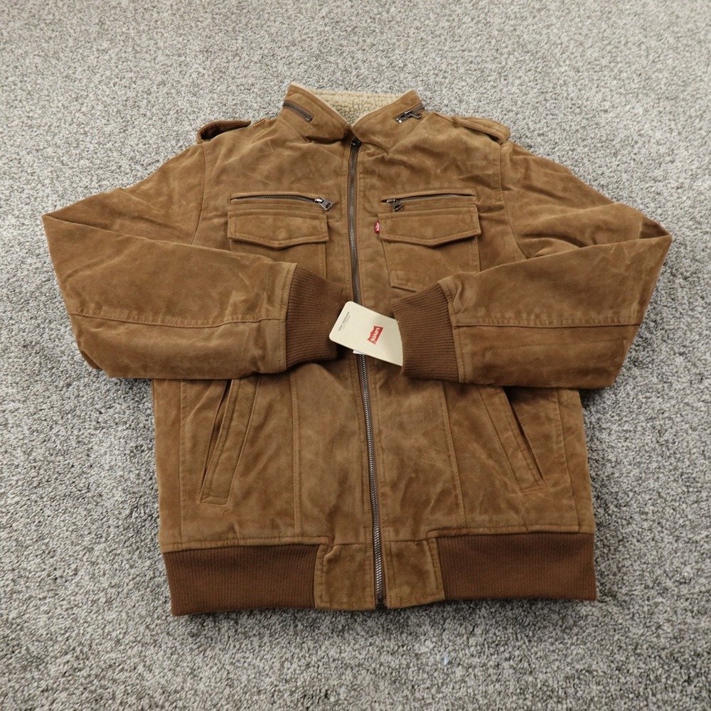 NEW Levis Jacket Mens S Brown Sherpa Lined Faux Suede Trucker Bomber Work Coat - Picture 2 of 13